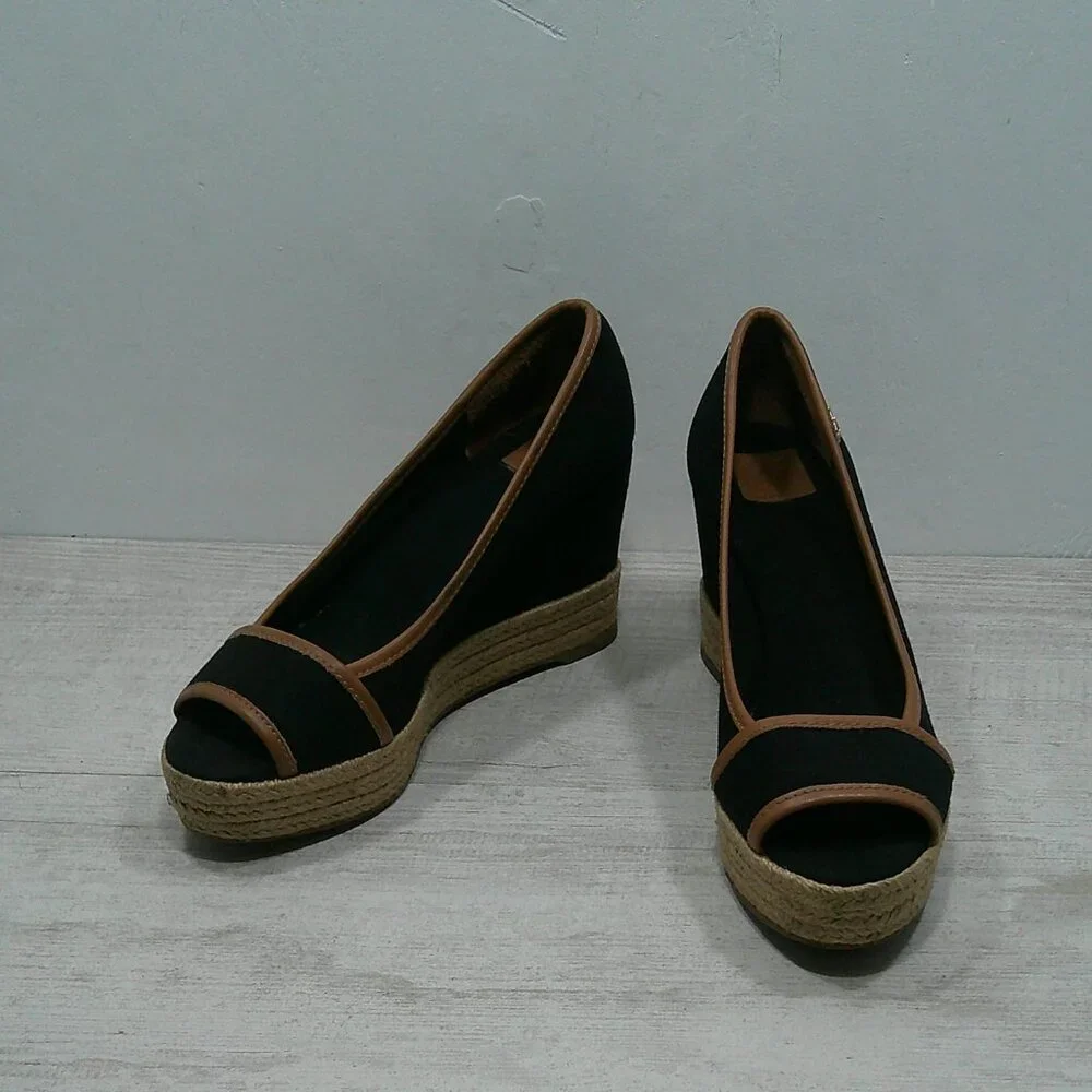 Tory Burch Old Money Black & Tan Majorca Peep Toe Wedge Espadrille Size 38 1/2